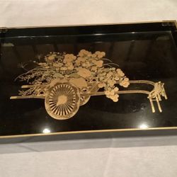 VTG  Flower Cart by Otagiri Japan Black & Gold Metallic Lacquer Ware Serving Tray 17.75x11”