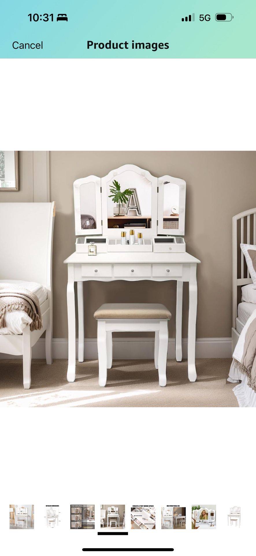 Vanity Table, Vintage Vanity Desk with Mirror and Lights, Tri-Fold Mirror Small Makeup Vanity with Chair, Vanity Set for Bedroom and Small Spaces. Whi