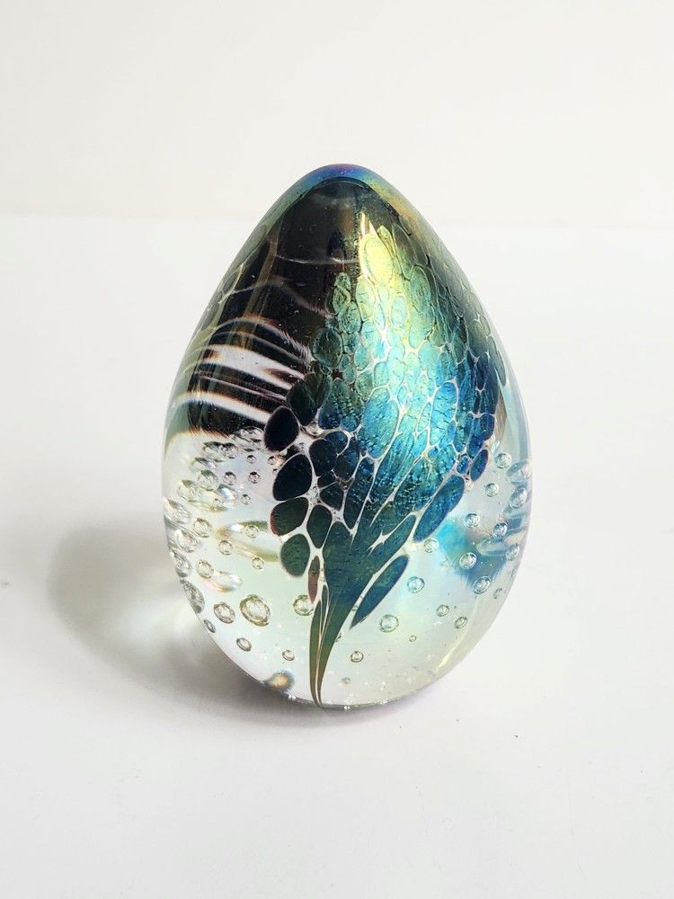 MSH 1990 Iridescent Art Glass Egg Paperweight Signed