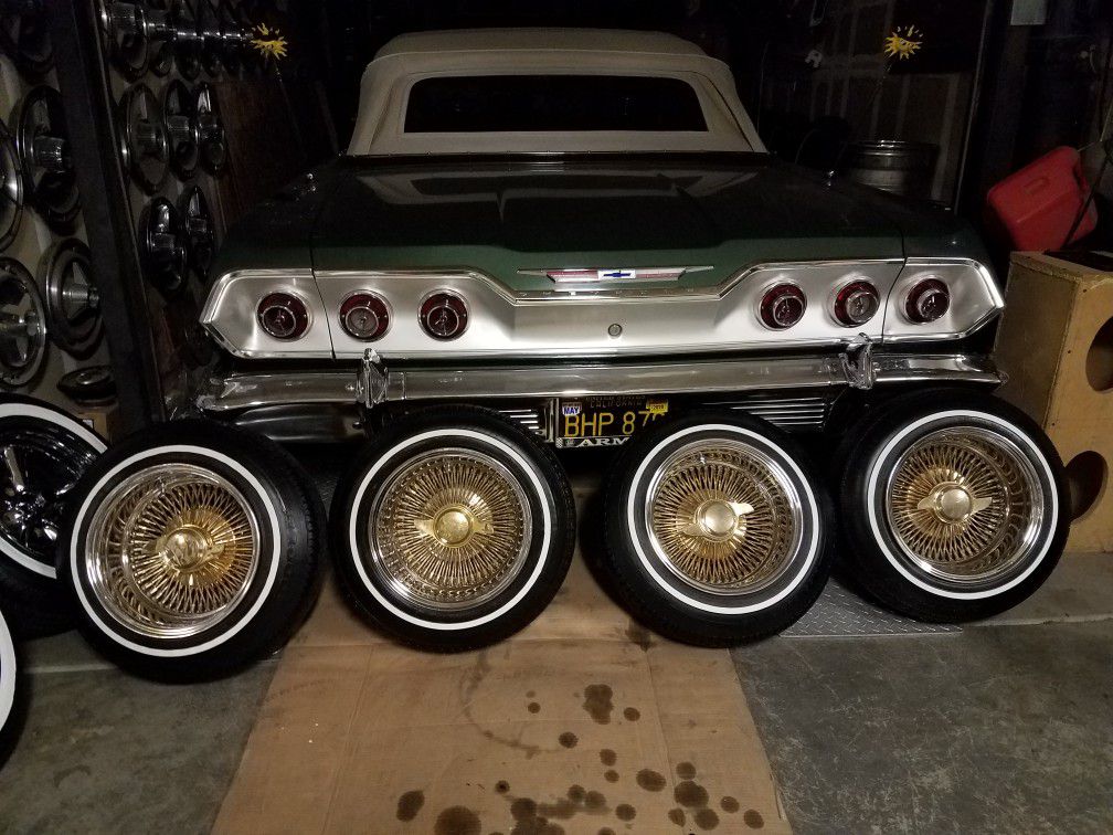 13x7 Center gold 100 Spokes wire rims lowrider Whitewall 5 lug universal 2 wing knockoffs cash or trade 14x7 tru classics 13 inch supremes Daytons