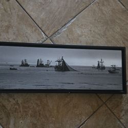 Long Coastal Wall Art Black White Fishing Boats Frame