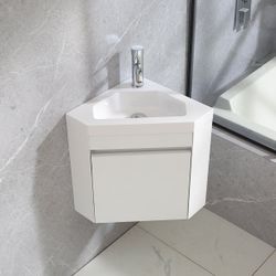 Corner Bath Vanity in White/Blue with White Top with White Sink