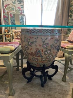 Chinese Porcelain Fishbowl Planter on Stand and Glass top