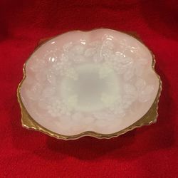 Vintage Grape-pattern Milk Glass Dish with Gilded Rim