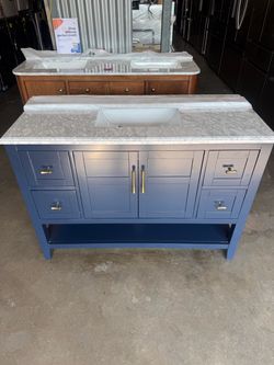 Sturgess 49 in. Single Sink Navy Blue Bath Vanity with White Carrara Marble Top (Assembled