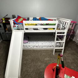 Twin Bunk Bed White, Ladder And Slide Included