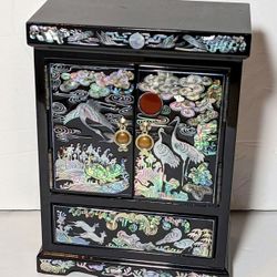 Vintage Asian Black Lacquer Jewelry Box-inlaid Mother of Pearl 12 Inch High 6 In
