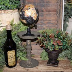 Old World Eclectic Pedestal Riser VTG Label Bottle Globe & Greenery Arrangement