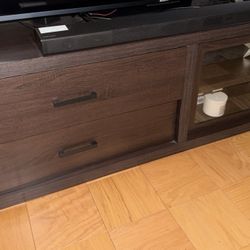 Dark Wood TV Stand with Drawers and Glass Cabinet