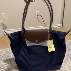 Large Navy Blue Nylon Tote Bag With Faux Brown Leather Straps
