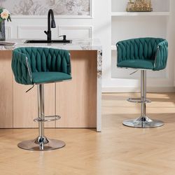 Adjustable Swivel Bar Stools with Woven Backs, Set of 2 - Green