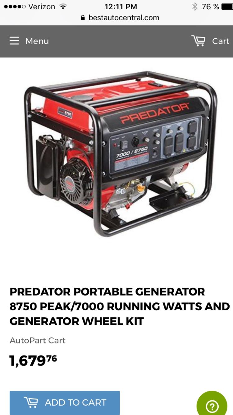 Predator portable generator. 8750 peak/ 7000 running watts