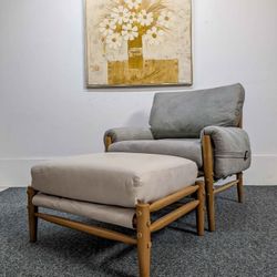 Lafer Style Sage Green Suede Lounge Chair & Leather Ottoman