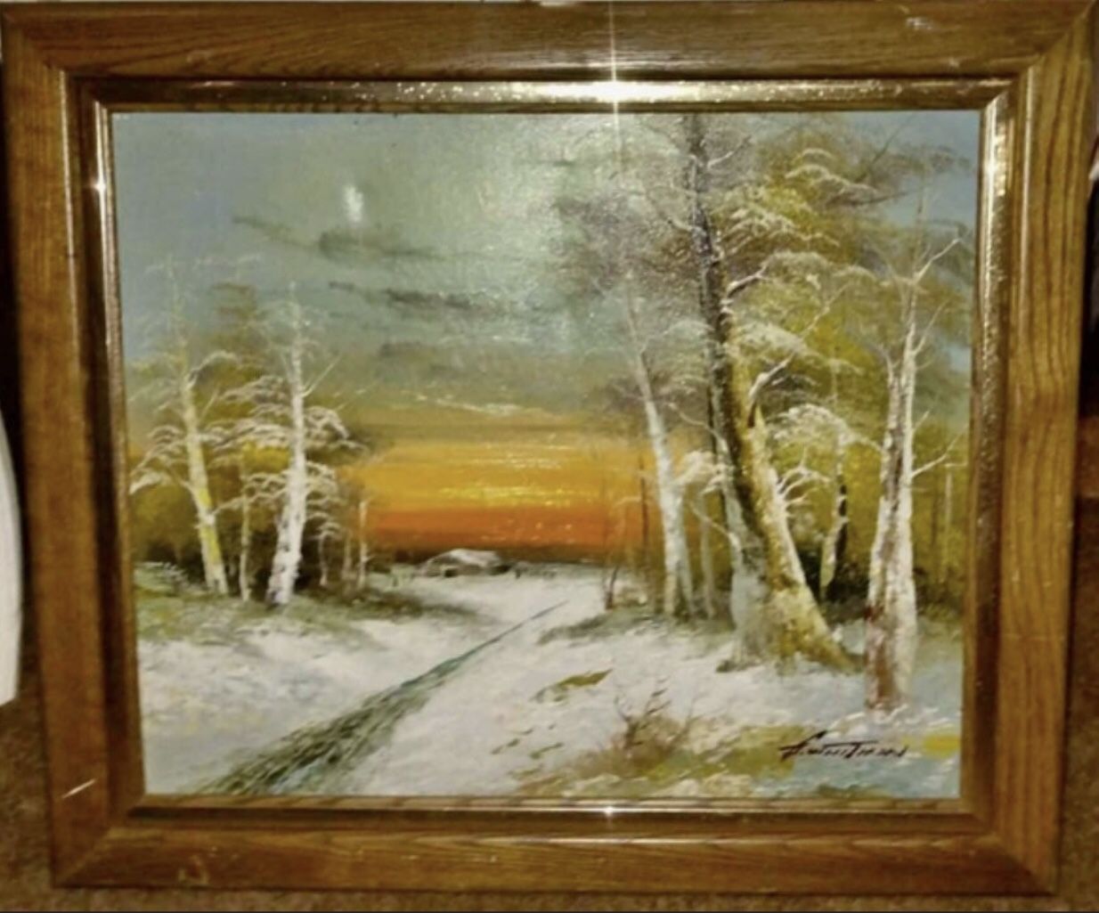Beautiful Original Vintage Country Winter Sunset Scenic Painting Signed & Framed 29x26.