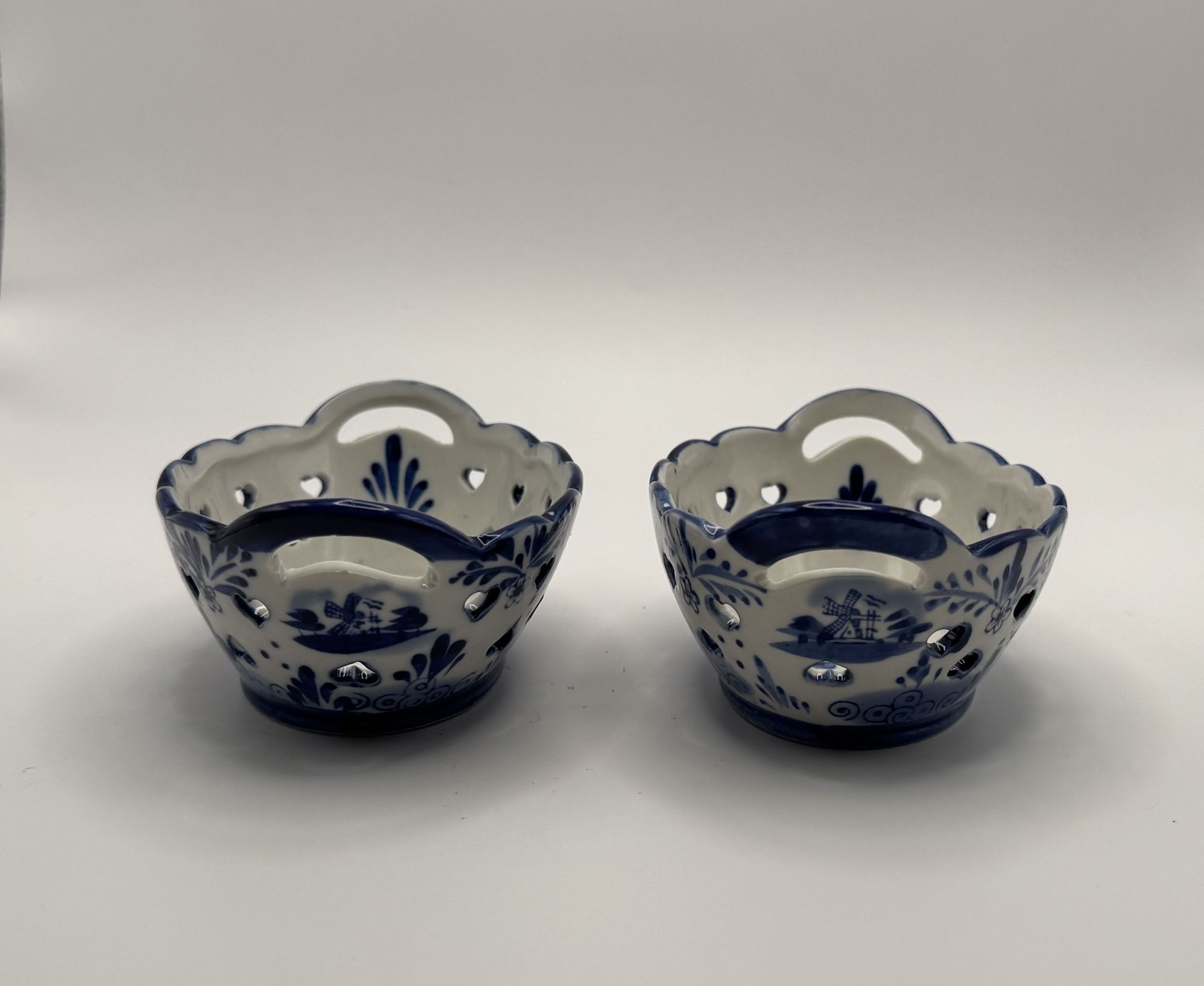 2 Delft Handpainted Baskets with Heart Cutouts, Blue and White, Windmill, Flowers