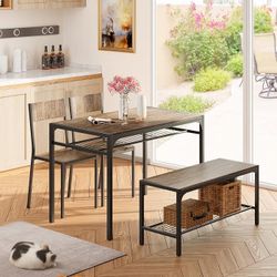 Dining Table Set for 4, Kitchen Table Space-saving grey 4-piece dinette set with metal storage rack. Includes 2 ergonomic chairs and 1 bench. Easy to