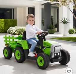 Kids 12V Ride On Tractor with Trailer, Front Loader and 3-Gear Shift, Green, Ages 3 and Up