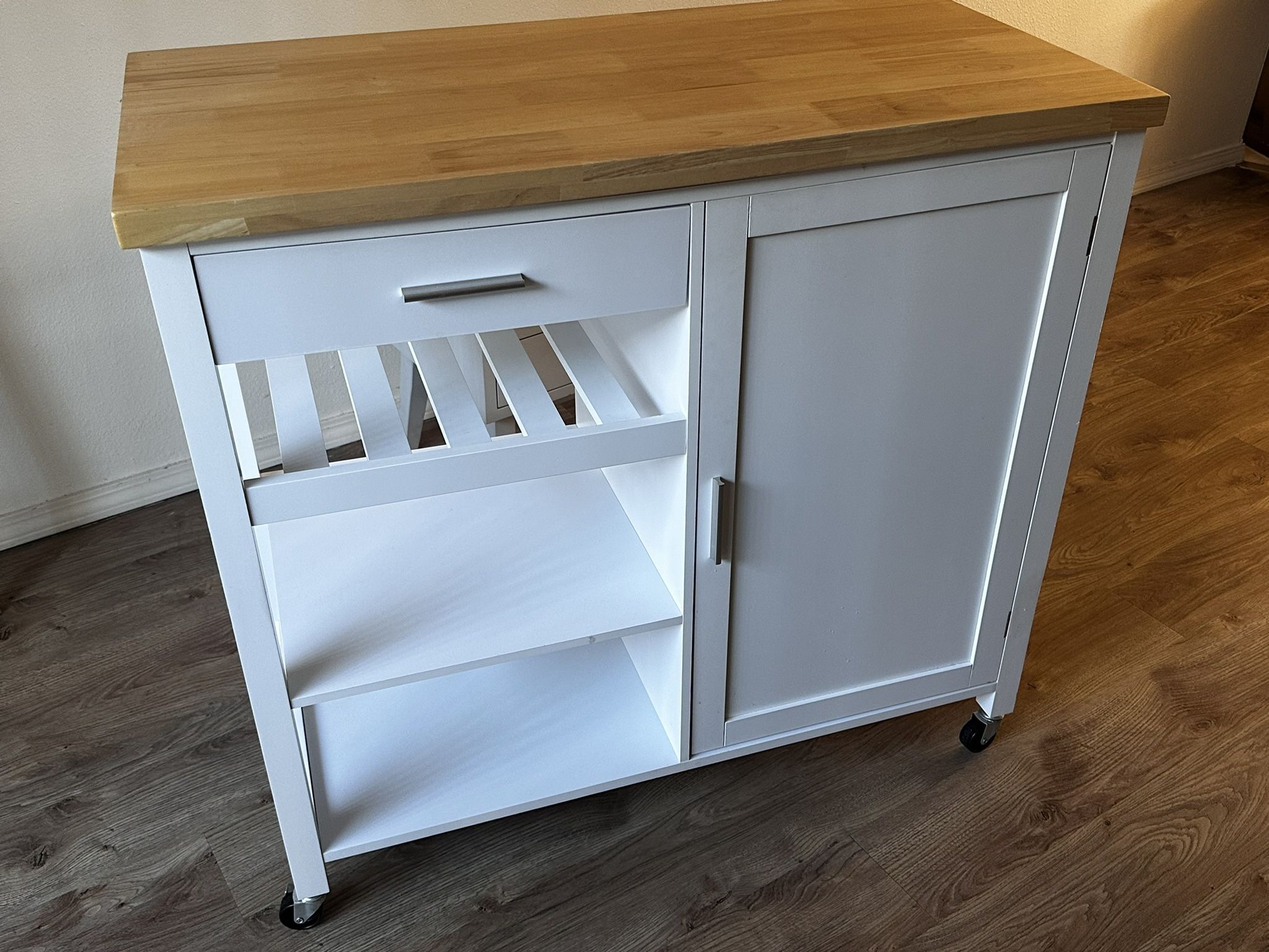 Kitchen island cart — wood top, white base with wheels