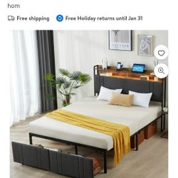 Z-hom LED Twin Size Bed Frame with Storage Headboard & 1 Drawers,Heavy Duty Metal Bed base Upholstered Platform Bedroom Furniture Charging Station Bla