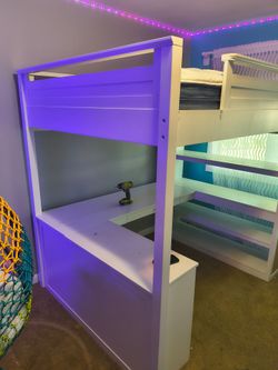 White Wood Loft Bunk Bed with Desk