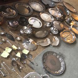 Huge lot of Vintage and antique, silver plated, trays, silverware, and miscellaneous pieces. Local pick up only Syracuse.