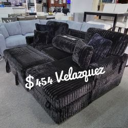 ✅️✅️2 pc Black fur like corduroy fabric sectional sofa with pop up sleep area and storage chaise drop down tray table USB ports✅️