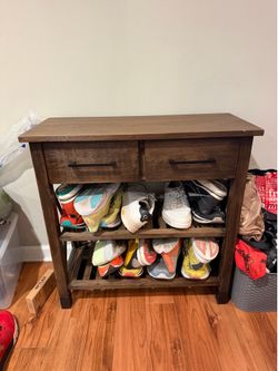 Rustic Entry Table / Shoe Rack – Storage Shelves + Drawers – Good Condition
