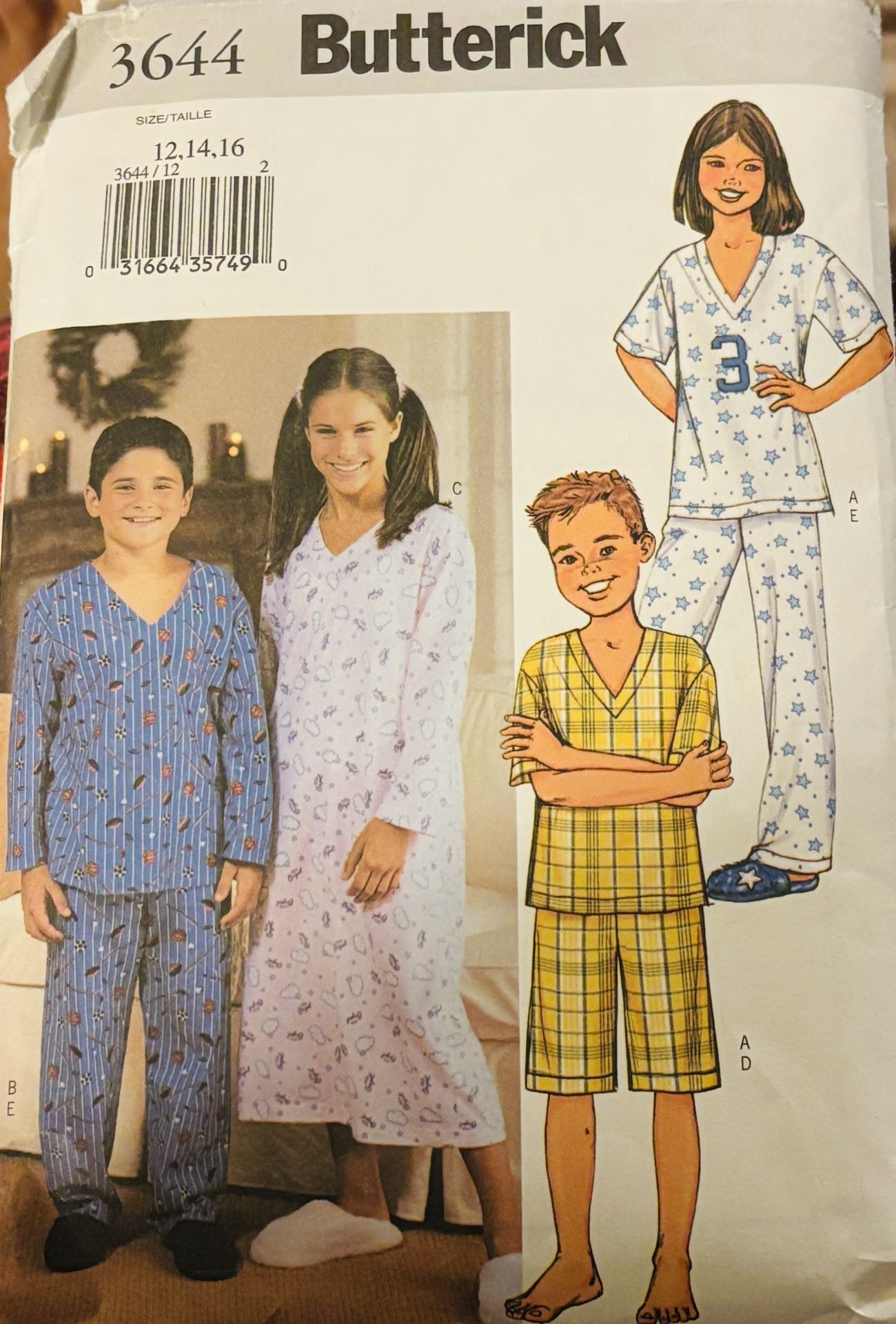 Vintage Butterick 3644 Unsex Teens PJ Sets Nightgown Size 12-16 Pre Owned