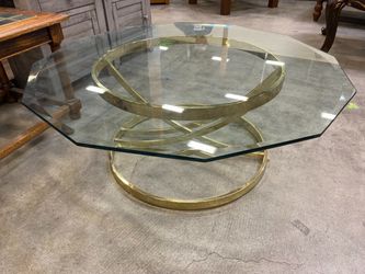 Vintage Hexagonal Glass Top Coffee Table with Curved Brass Base