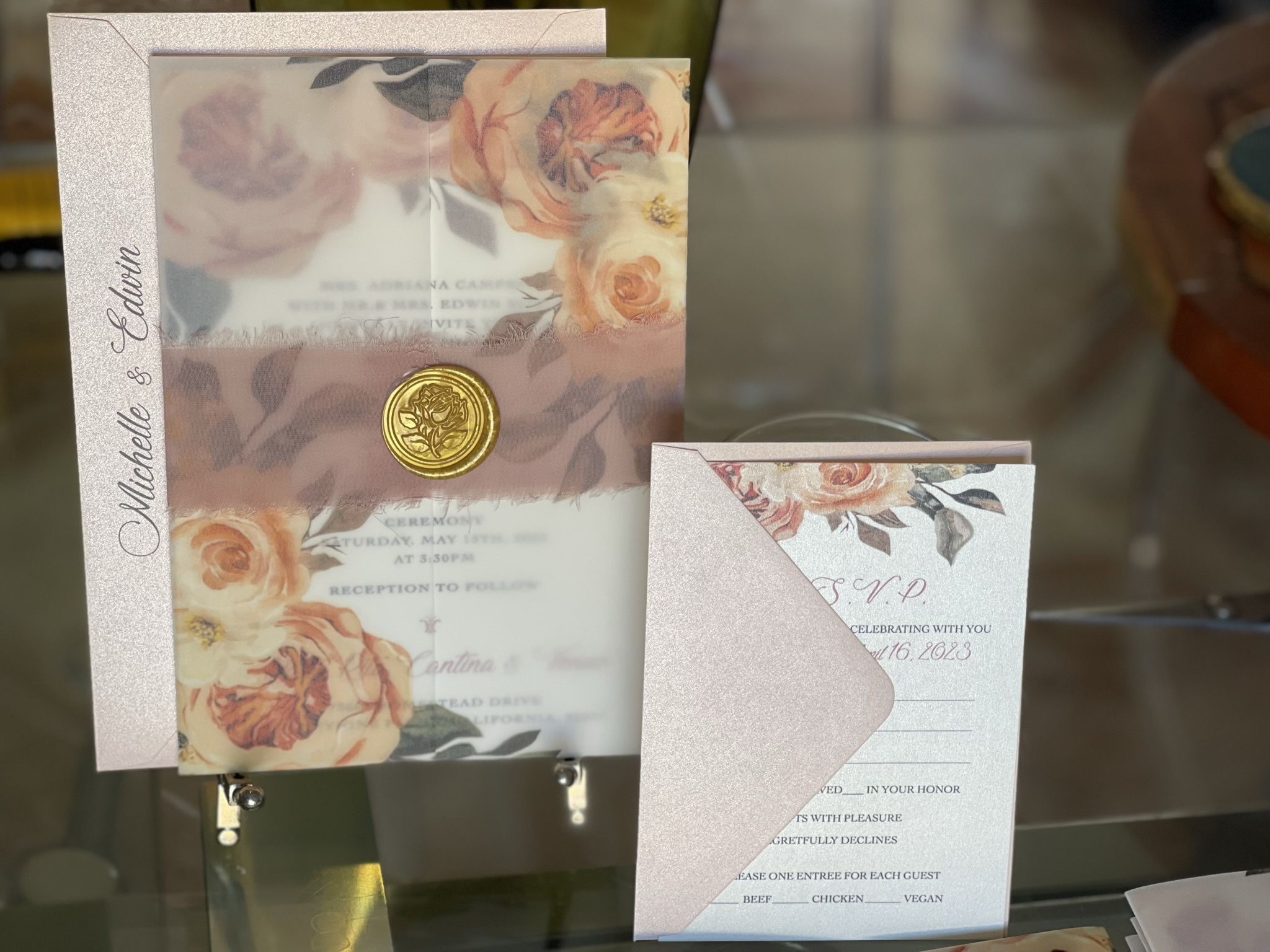 Boho Roses wedding invitation . Complete Set . Vellum, Ribbon And wax Seal