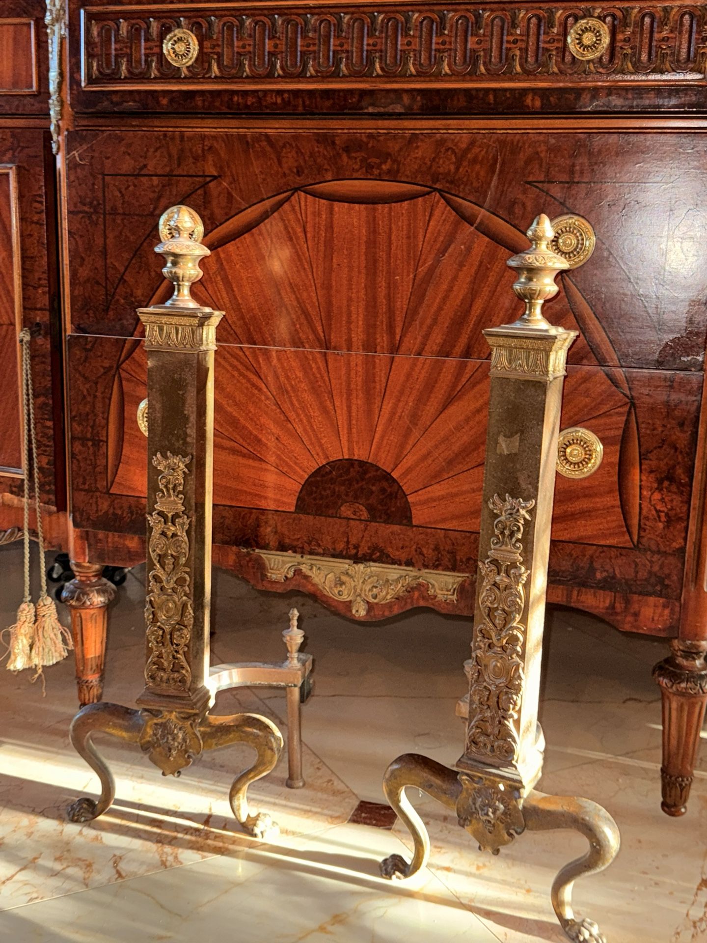 Vintage pair Brass Ornate Andirons beautiful and tall