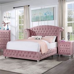 Brand New Glam Pink Full Size Platform Bed With Crystal Tufted Velvet Headboard With Wings And Nailhead Trim 