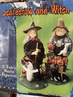 13" Fabric Mache Witch and Scarecrow Combination Figurine Set