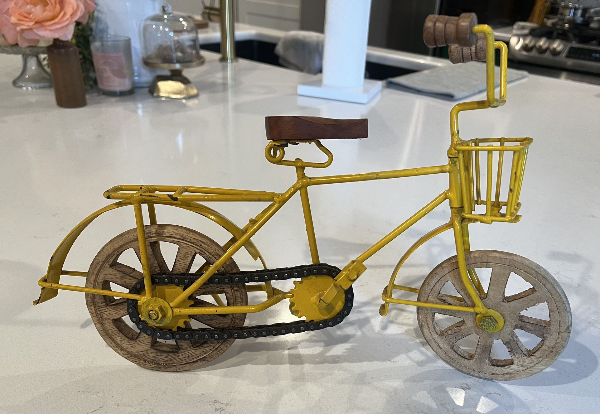 Yellow Metal Bicycle Wooden Wheels Decor 13.5L 9.5H