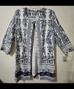 Danny & Nicole Navy and White Floral Open-Front Tunic Cardigan - 16W
