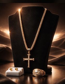 MEN- Yellow Gold Filled Necklace, with Pendant Ring, and Champayne color earring $45