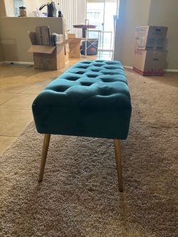 Teal Tufted Velvet Bench with Gold Legs