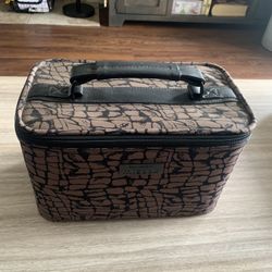 Exclusively Misook Vintage Cosmetic Beauty Case Travel Bag Brown Black Animal Print Pattern 11.5L X 6.5W”