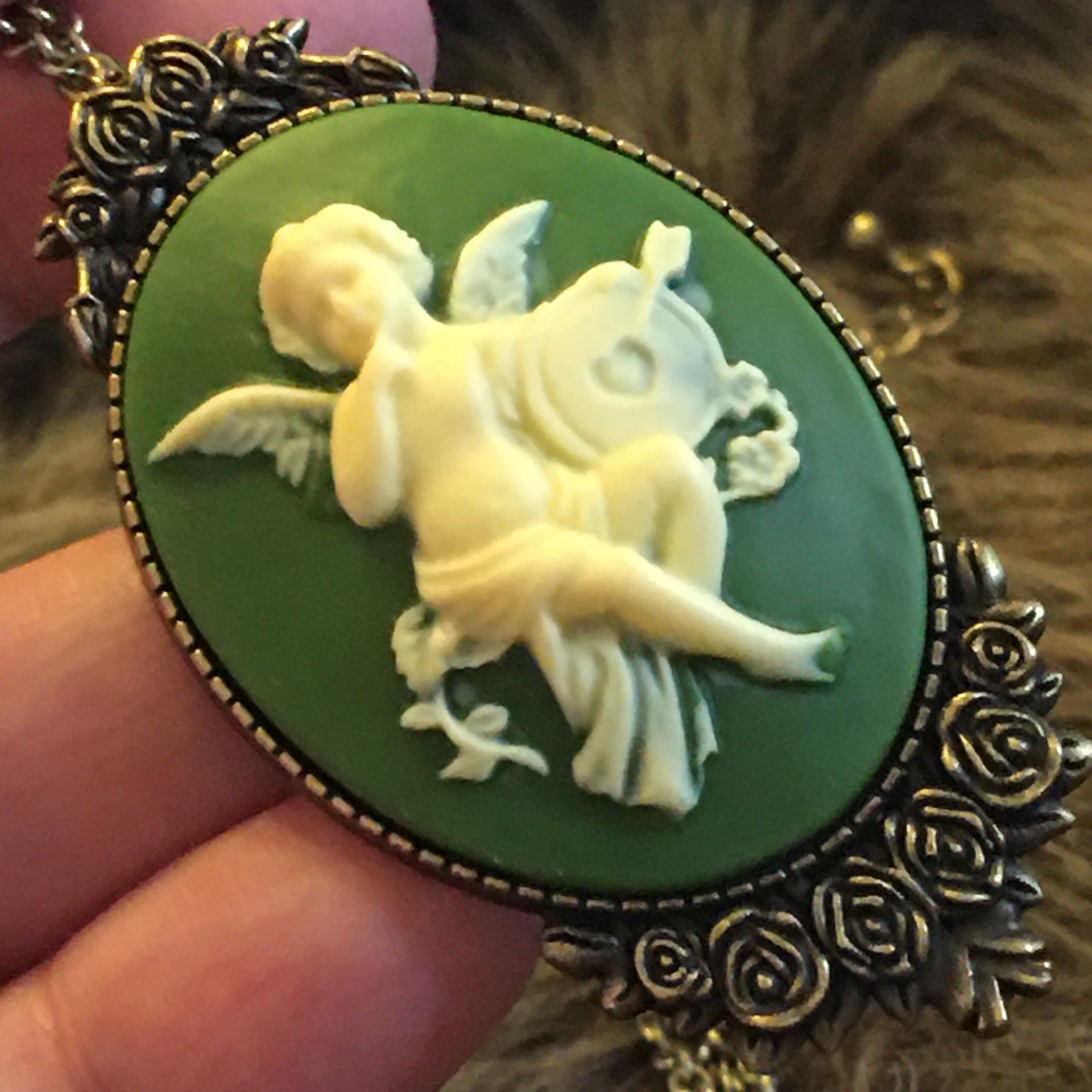 Repurposed cherub cameo pendant/brooch on chain