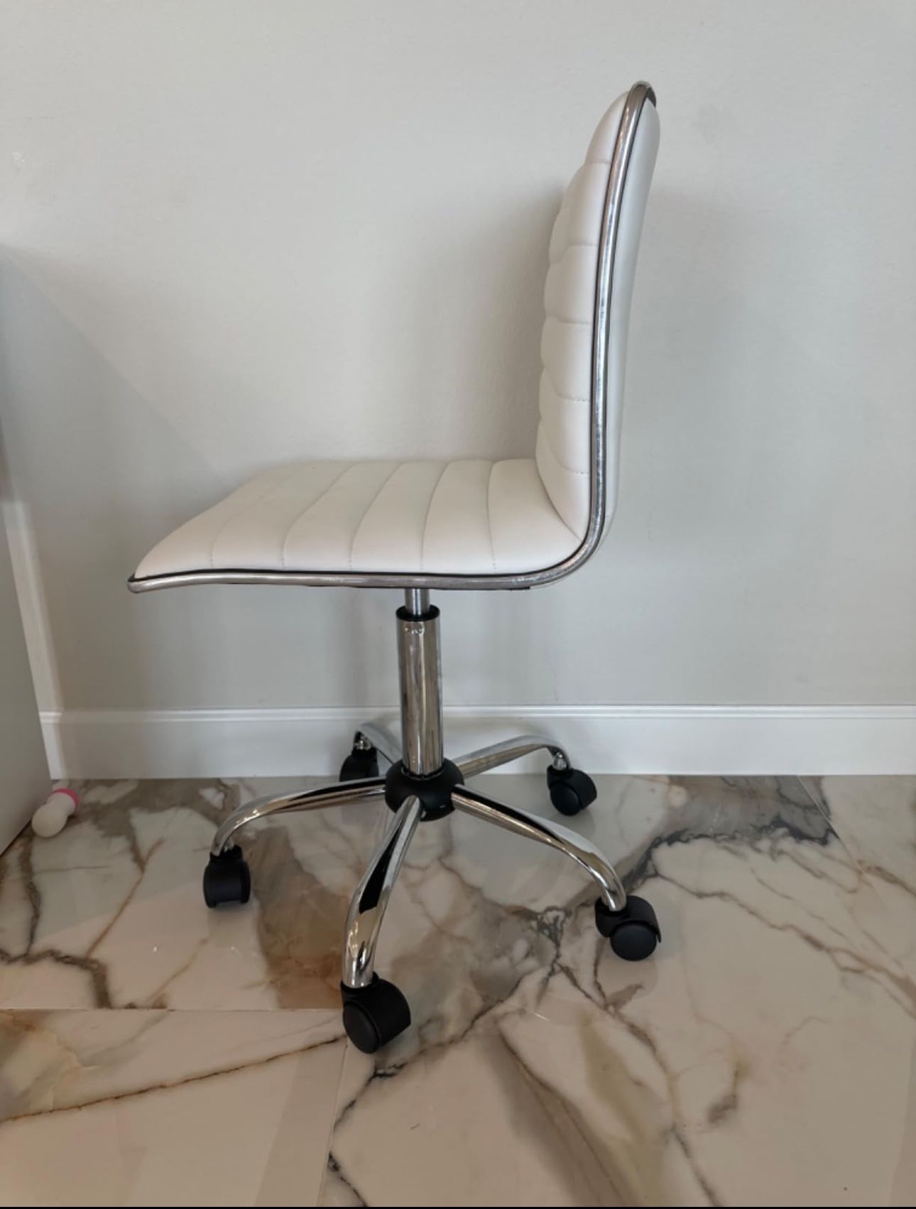 HOLIDAY GIFT 🎁 Swivel Mid Back Armless Ribbed Task Leather Chair, White upholstery and Chrome Makeup Vanity Desk Ro