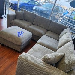 Sectional L Shape W Ottoman Grey Corduroy Fabric, New Especial Price