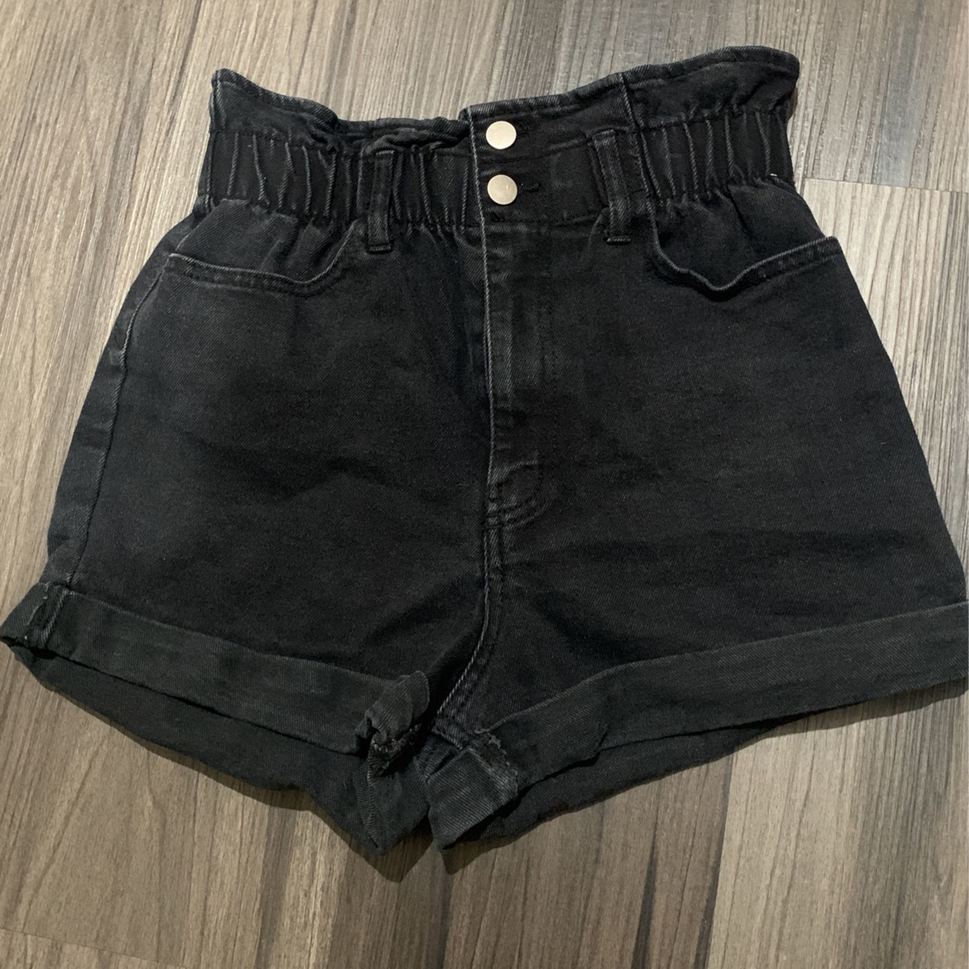 Paper Bag, black denim shorts
