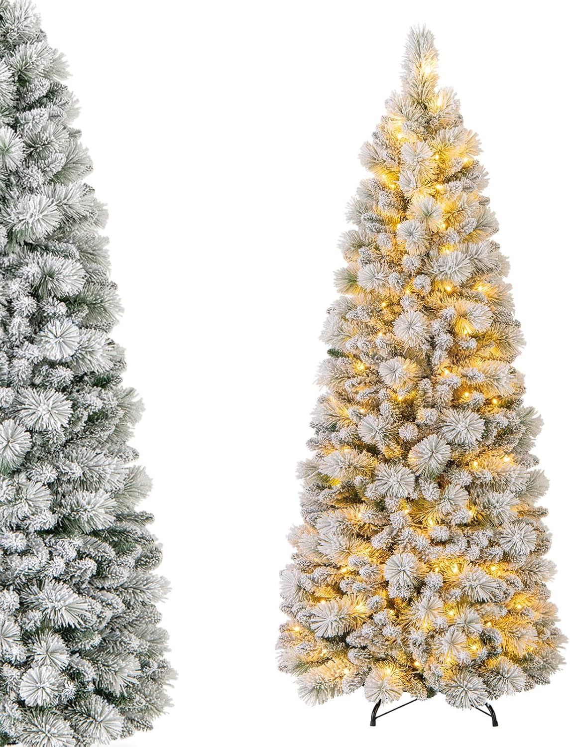 A 6-foot pre-lit pop-up Christmas tree with a snowflake-covered, foldable artificial tree featuring 170 warm white LED lights, suitable for homes, off