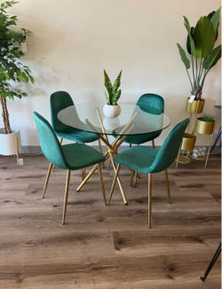 Dark Green Velvet Gold Round Kitchen Table Dining Set