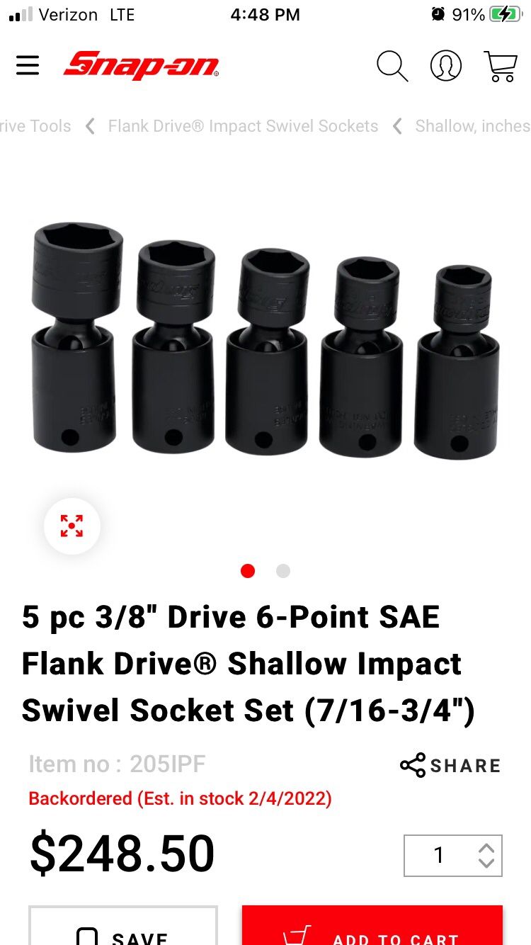 Snap On 5 Pc 3/8 Impact Swivels