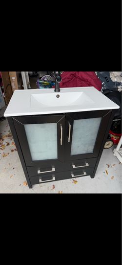 30 Inch Bathroom Vanity with Sink - Solid Wood Espresso Finish Modern Transitional Single Sink Vanity - Tempered Glass Doors & Easy Plumbing U-Shaped