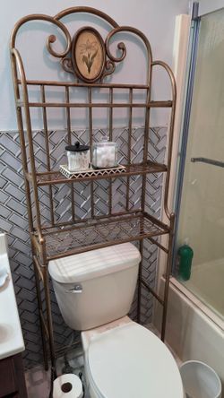 Ornate Bronze/Gold Over-Toilet Bathroom Shelf — 3 Tier, Scrollwork, Floral Medallion
