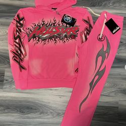 Hellstar Chrome Hoodie Hearts Pink Flames Sleeves Denim Jean Tears Hooded Jacket Full Sweat Suit Hoodie Sweat Small S Medium Sweater Set Large L XL