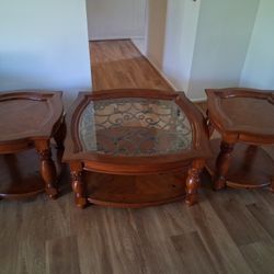 Wood Coffee Table With Glass Top And 2 End Tables