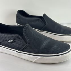 Vans Asher Perforated Leather Slip-On Shoes Sneakers Black Womens US9,5 Mens 8,5